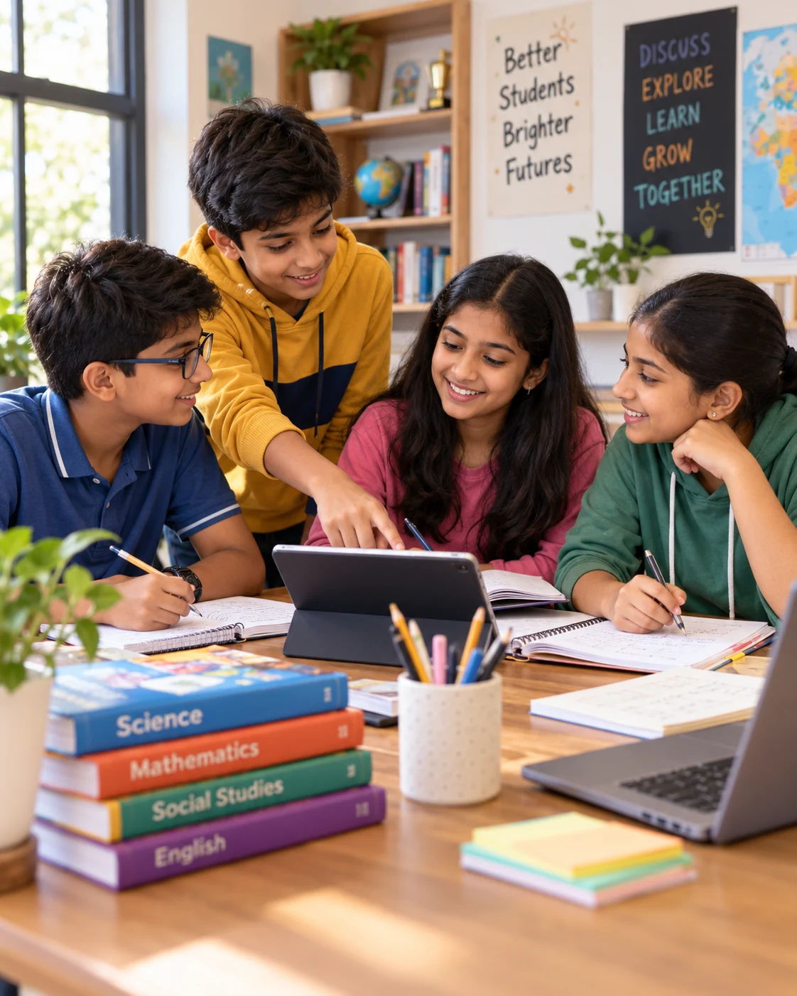 Indian schoolchildren working together and explaining a concept on a tablet