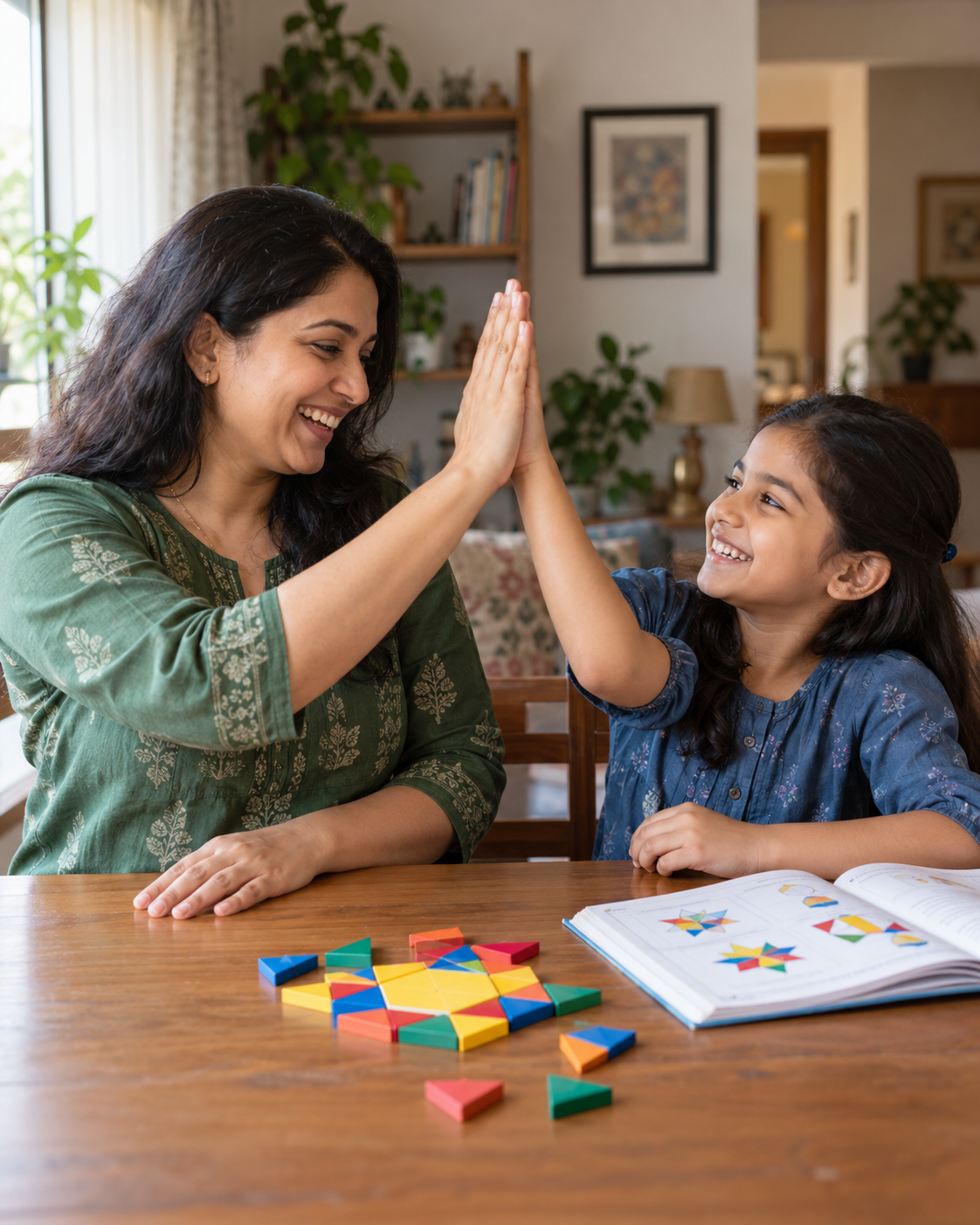 An Indian mother and her child share a joyful high-five after solving a geometric puzzle together