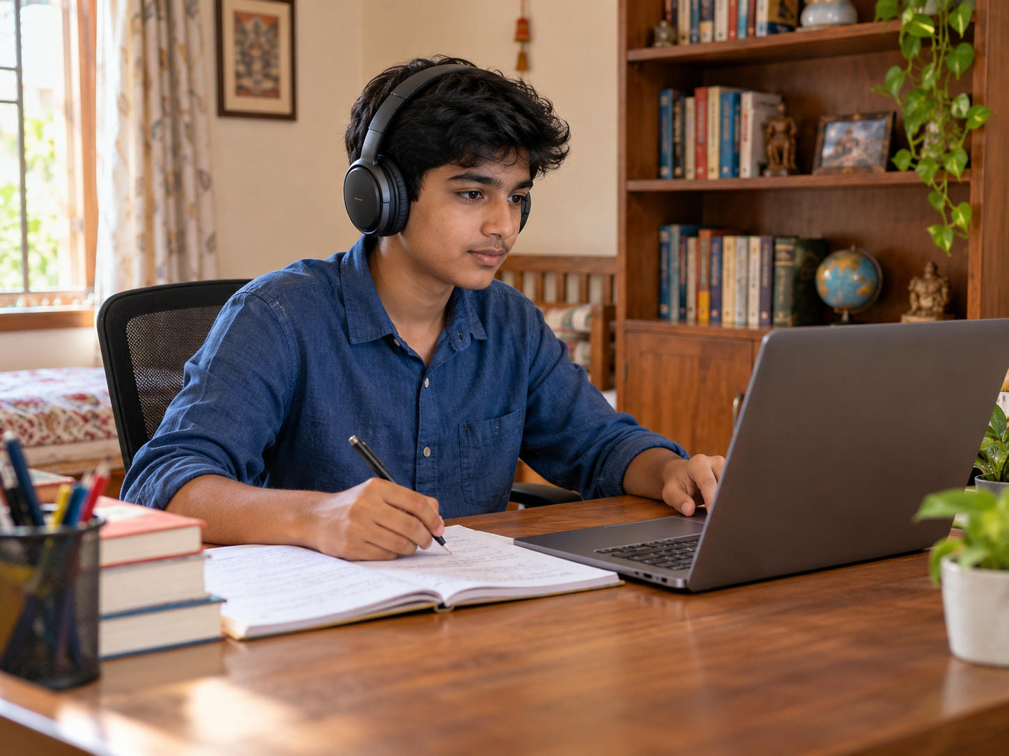An Indian teenager seated at a study desk, taking notes beside his laptop while wearing over-ear headphones