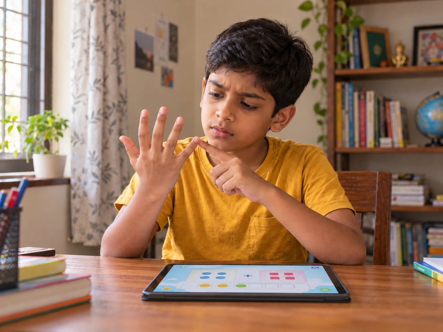 An Indian boy concentrating and counting on his fingers beside his iPad
