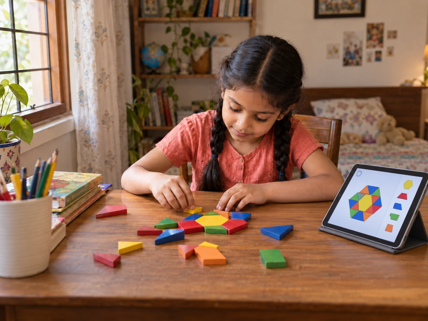 A young North Indian girl arranging geometric blocks with a small iPad beside her